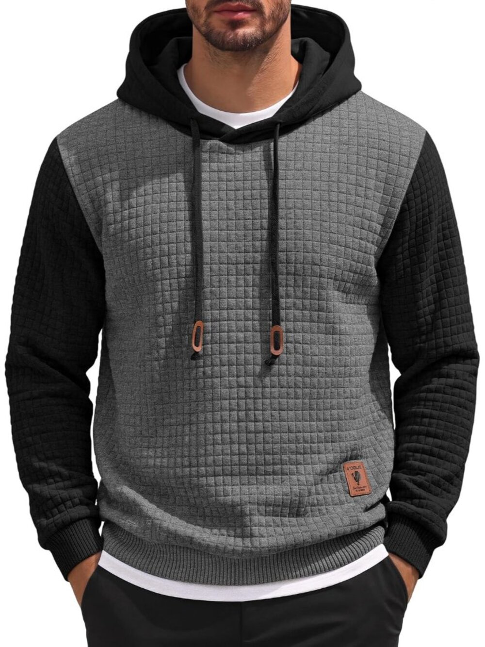 Coofandy Men's Grey Black Long Sleeve Drawstring Waffle Knit Pullover Hoodies